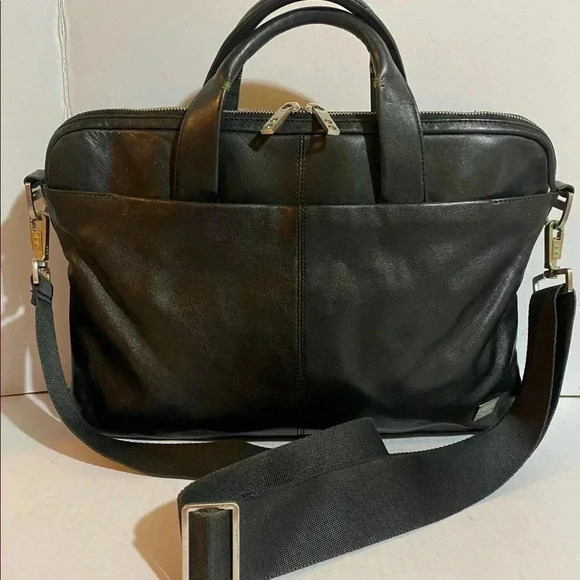 Knomo  unisex black leather messenger laptop briefcase bag - Picture 1 of 13